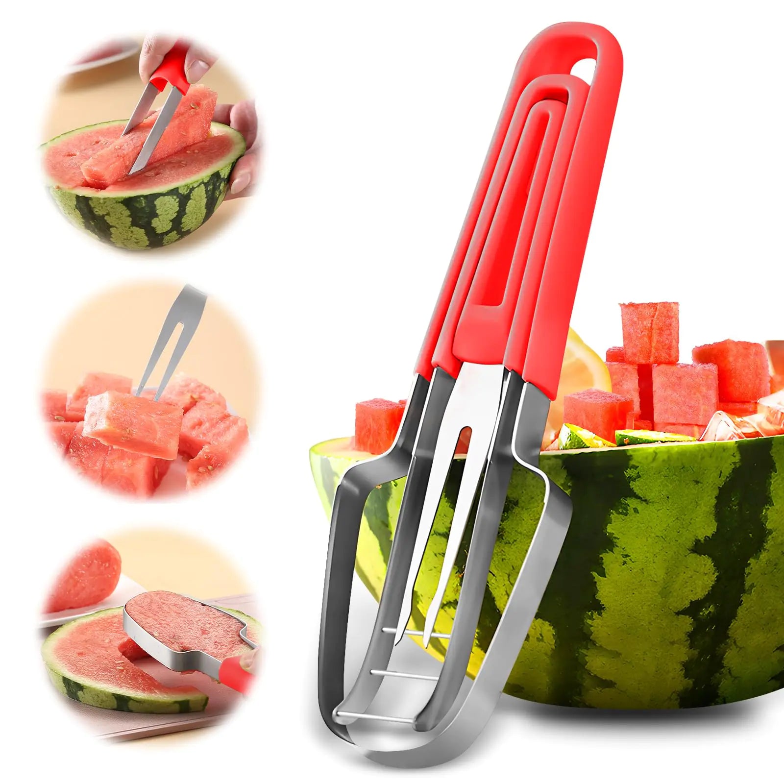 Banyaa Watermelon Cutter Slicer Tool 3-in-1 Watermelon Fork Slicer Cutter Stainless Steel Watermelon Popsicle Cutter Multi Watermelon Slicer Melon Cutter for Camping Kitchen Gadgets (Red)