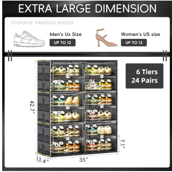6 Layers Of 24 Pairs Of Hard Plastic Shoe Storage Cabinet, Large Stackable And Foldable Sneaker Shoe Box Storage Cabinet