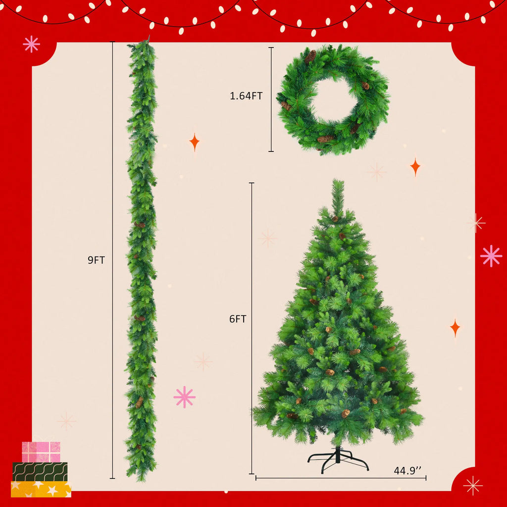 6 Feet Long Grass Green Christmas Tree, Big Branch Pine Tree, Pre-Installed Lighting Set With Tree & Garland & Garland, Artificial Christmas With Pine Cone, Articulated Christmas Tree For Holiday Part