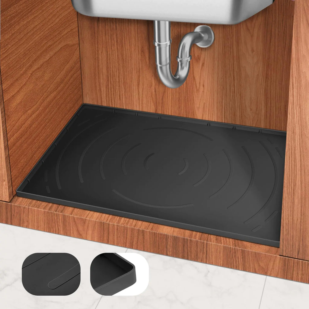 Under Sink Mat 31" x 22" Under Sink Mats for Kitchen Waterproof Under Sink Shelf Liner Flexible Silicone Cabinet Protector Tray for Bottom of Kitchen & Bathroom Black