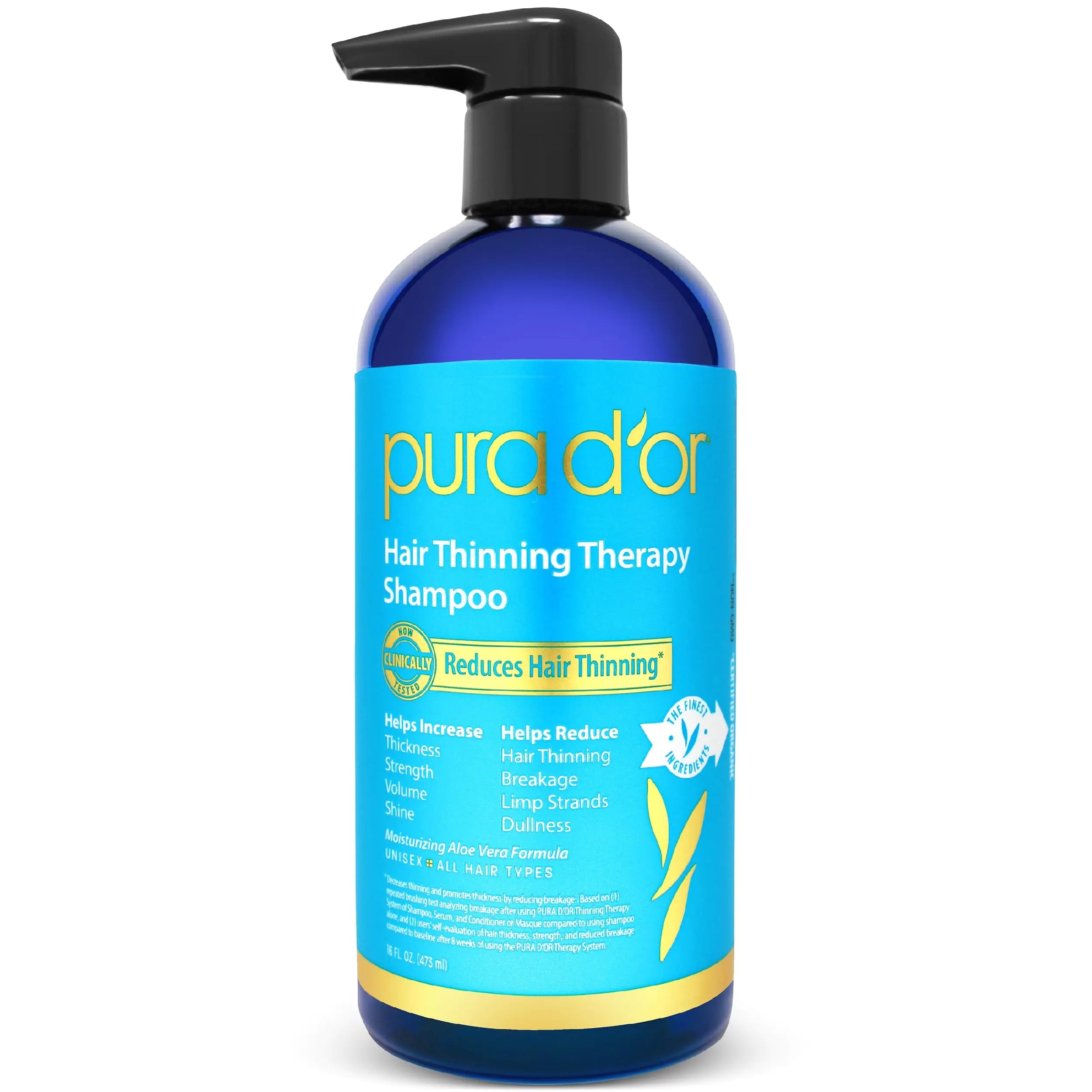 PURA DOR 16 Oz Hair Thinning Therapy Biotin Shampoo - ORIGINAL Scent - CLINICALLY TESTED Effective Results Herbal DHT Blocker Hair Thickening Products For Women & Men Color Safe Routine Shampoo