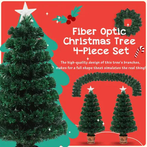 Pre-Installed Fiber Optic Christmas Artificial Tree 4-Piece Set, Christmas Garland, Garland & 2 Entrance Tree Set