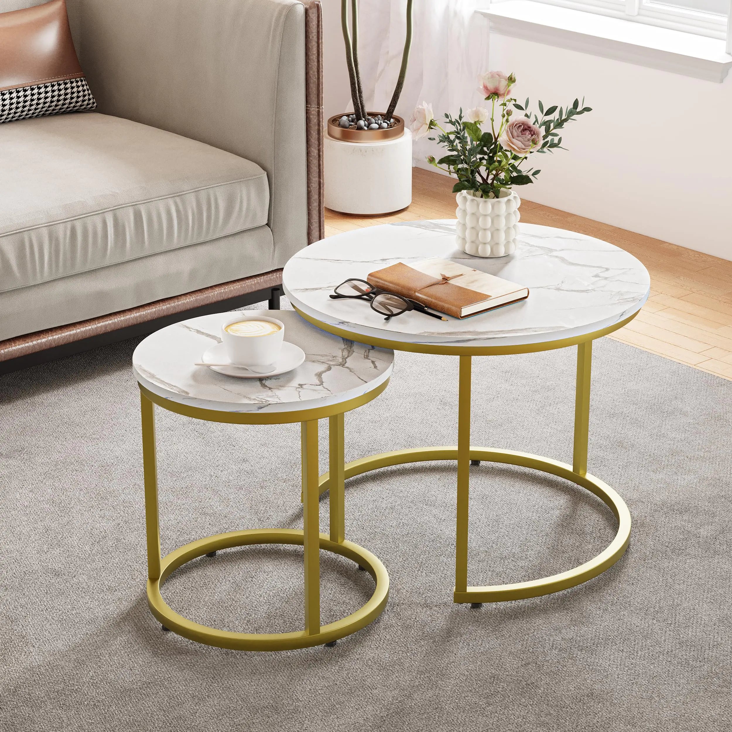 Smuxee White Nesting Coffee Table Set of 2 23.6“ Round Coffee Table Wooden Marble Pattern with Adjustable Non-Slip Feet Industrial End Table for Living Room Bedroom Balcony Gold