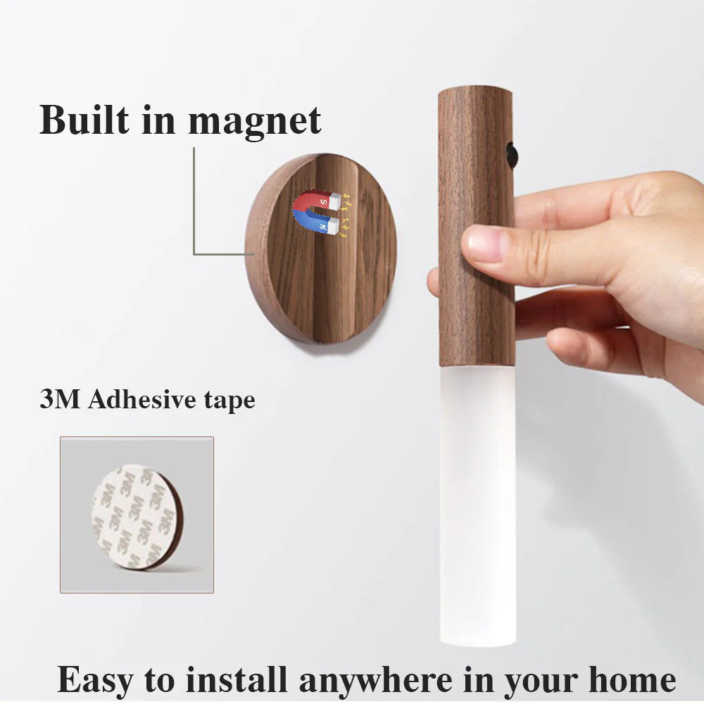 Magnetic Wood PIR Motion Sensor LED Night Light – USB Rechargeable Wireless Cabinet & Corridor Lamp