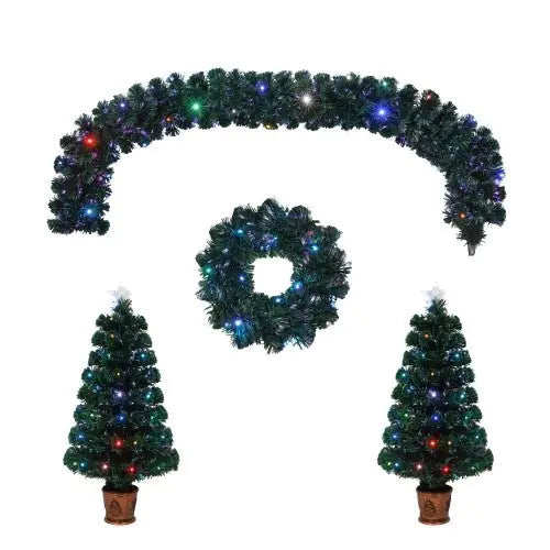 Pre-Installed Fiber Optic Christmas Artificial Tree 4-Piece Set, Christmas Garland, Garland & 2 Entrance Tree Set
